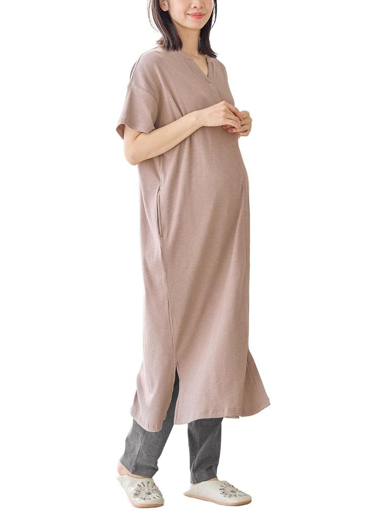 Maternity Open Front Nursing Pajamas Supervised by Midwifery Center Long Length High Stretch Rib Hospitalization Leggings M Mocha Short Sleeve