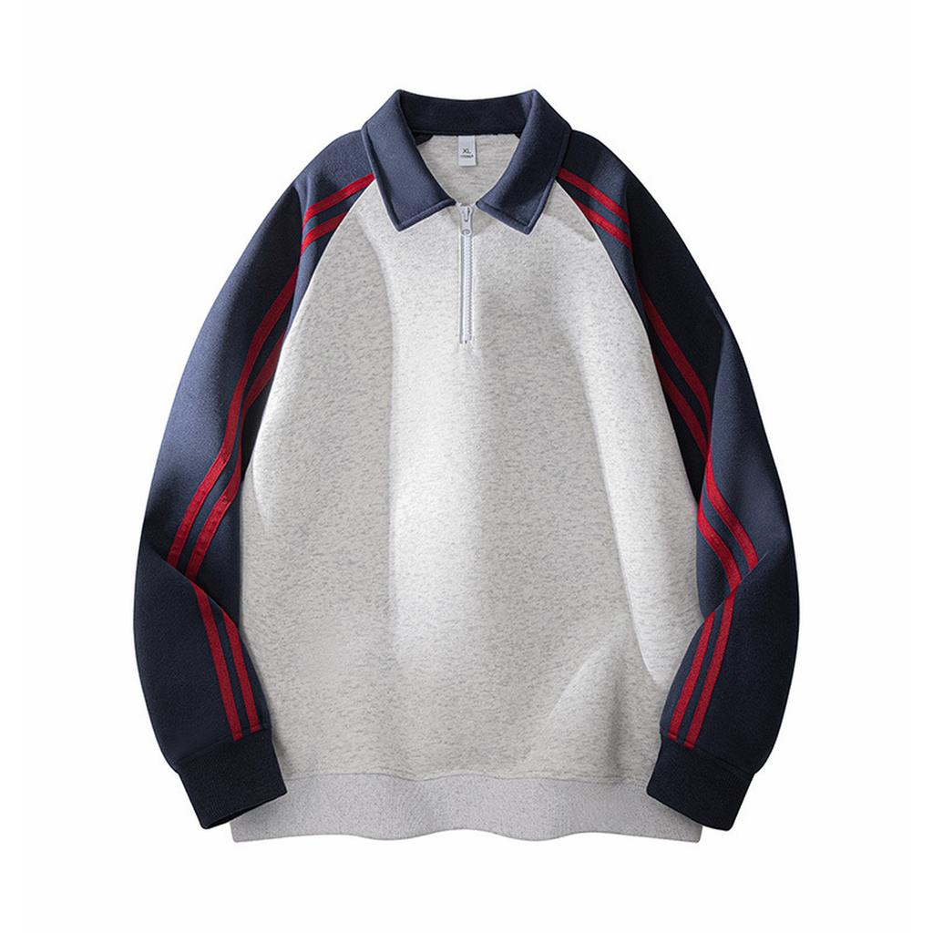 Men's American Retro Striped Color-blocked Stand-up Collar Hoodie, Loose Couple's Versatile Casual Zipper Pullover Top