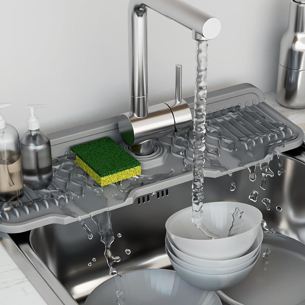 1 Piece Black Silicone Sink Splash Guard and Faucet Mat with Integrated Soap Dispenser and Sponge Holder - Space Saving, Textured Surface