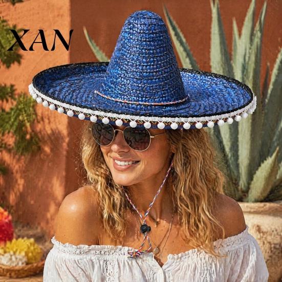 Casual Daily Hat Mexican Sombrero with Colorful Poms, Hawaiian Style Woven Straw Sun Hat, Wide Brim Lightweight Festival Party Costume for Summer