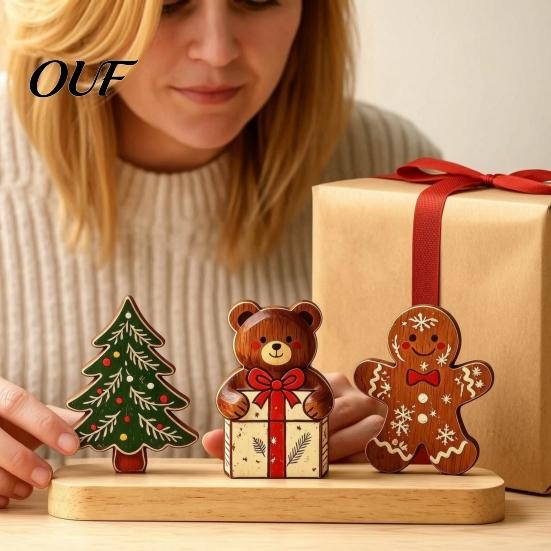 Desktop Christmas Tree Decor Wooden Ornaments, Vintage Colorful Decoration, Rustic Holiday Wood Figurines Home Accents with Pine Cones Bows