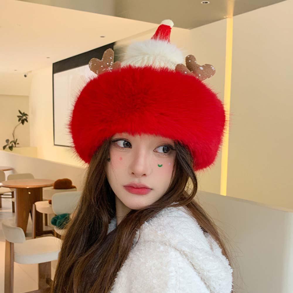 Antlers Christmas Plush Cap Windproof Thickened Brimless Cap Red Knitted Woolen Hat Gifts