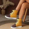 Yellow Color Leather  Shoelace Lace-Up Women Casual Sports Shoes Round Toe High-Top Sneakers Female Flat Sole Zapatillas New