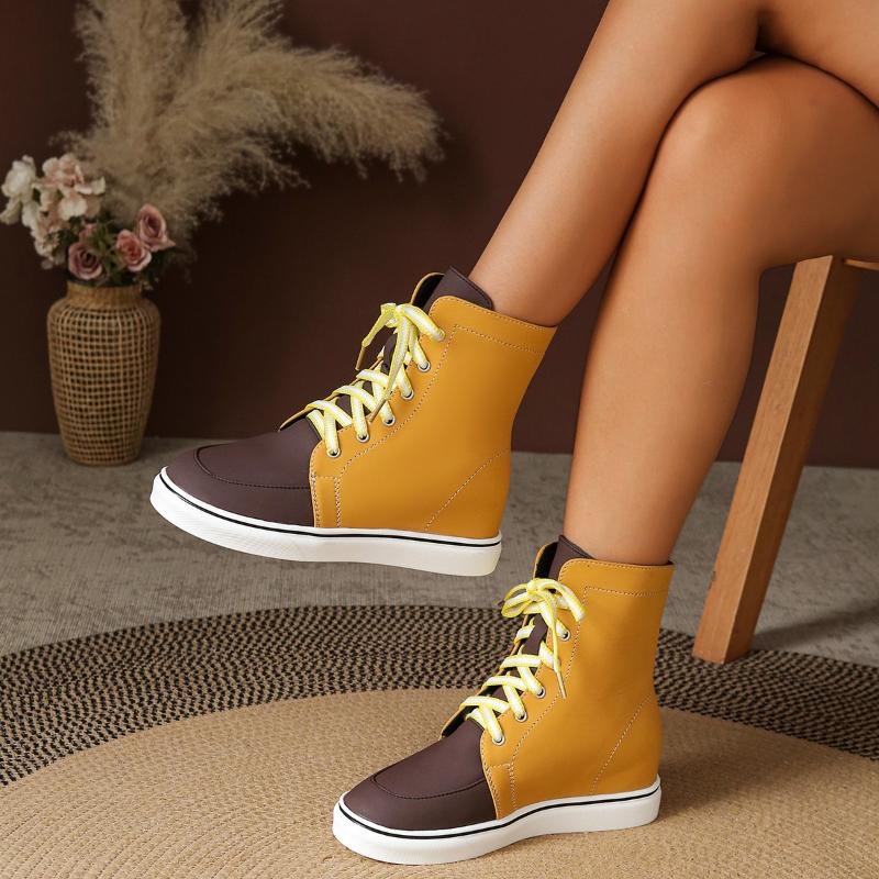 Yellow Color Leather Shoelace Lace-Up Women Casual Sports Shoes Round Toe High-Top Sneakers Female Flat Sole Zapatillas New