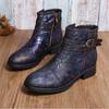 Ankle Boots Ethnic Style Women Leather Shoes Round Toe Belt Buckle Handmade Embossing Short Boots