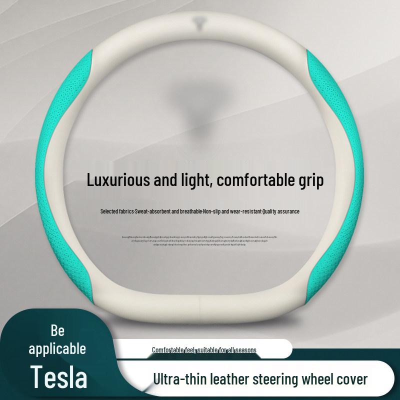 Genuine Leather Steering Wheel Cover for Tesla Model 3, Model Y, Model X - Universal Fit for All Seasons