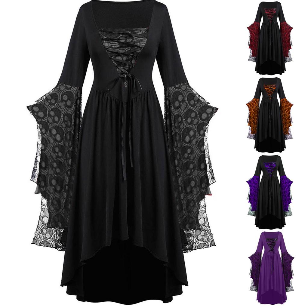Women European Retro Medieval Court Style Halloween Cosplay Costume Adult Skull Strap Dress Up Party Outfit
