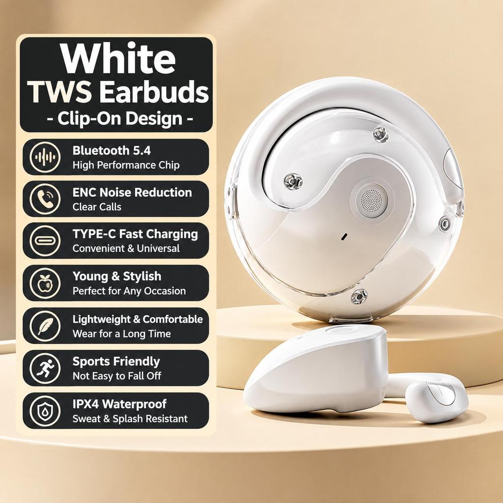 Clip-On Bluetooth Earbuds with Clear Noise-Reduced Calls Smart Touch Control Compatible with iOS & Android