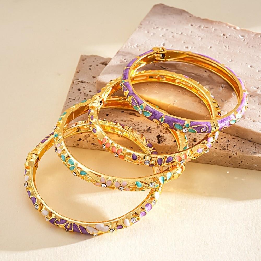 Vintage Dripping Colorful Bangle Gold Color Enamel Flower Bracelet Flower Rhinestone Bangle Women