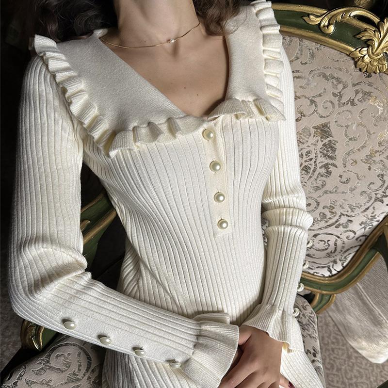 Elegant Ruffled Maxi Dresses For Women Autumn Winter Knitted Slim Long Dress Women's Vintage Dress Woman Retro Knitwear