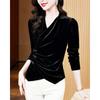 Autumn New Fashion Temperament Versatile Cross V-neck Velvet Buckle Long-sleeved Chic Women's Top