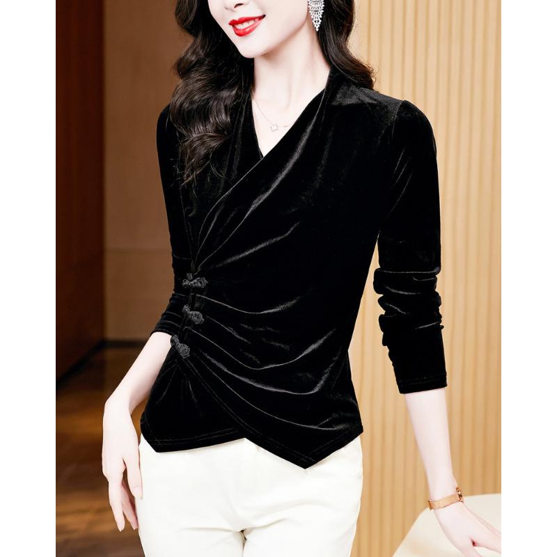 Autumn New Fashion Temperament Versatile Cross V-neck Velvet Buckle Long-sleeved Chic Women's Top