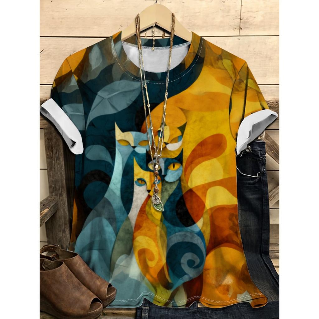 Летняя футболка с круглым вырезом, мультяшным кошачьим принтом и 3D-печатью, модная повседневная женская футболка с коротким рукавом