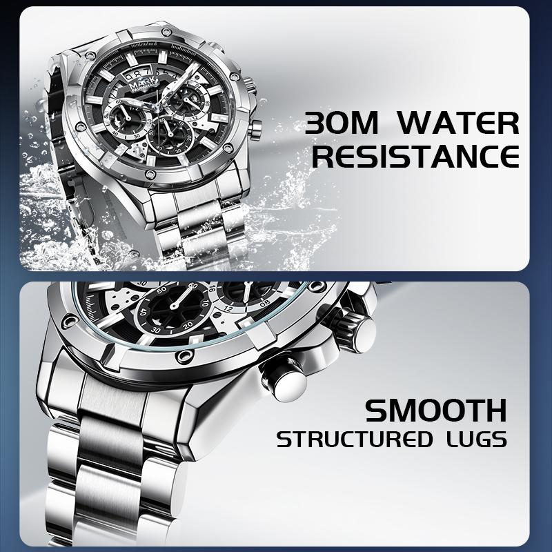 MARK FAIRWHALE Men's Quartz Watch FW‑5084 Series High‑Hardness Coated Crystal Stainless Steel Strap Business Wristwatch
