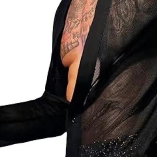 Мужская клубная рубашка с ультратонкой прозрачной сеткой с V-образным вырезом, застегивающейся на пуговицы, с длинными рукавами, для мускулистых мужчин, для вечеринок и выступлений