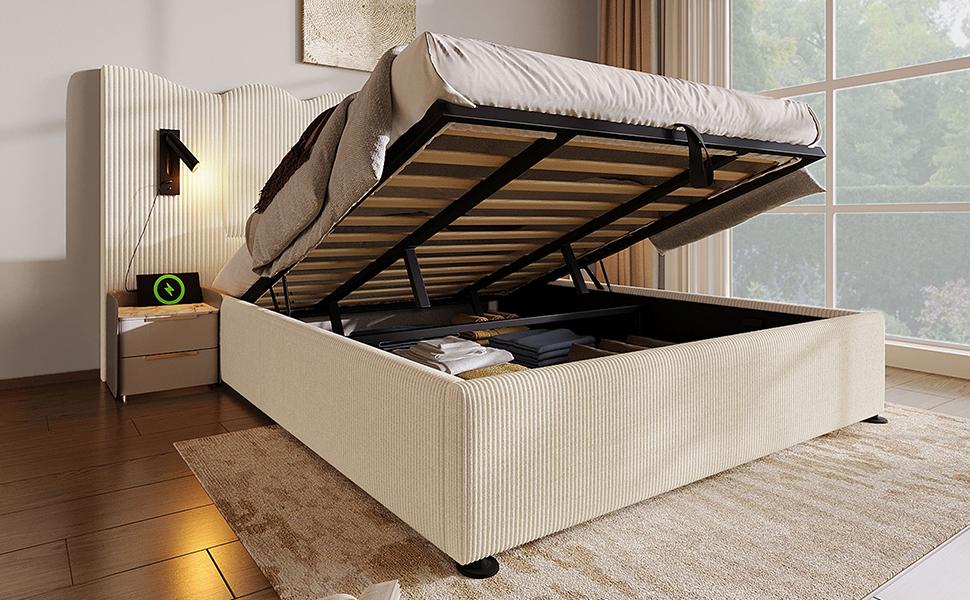 Upholstered Double Bed 180×200, Reading Lamp and USB Type-C Charging, Storage Frame of Solid Wood and Metal, Beige-White, Corduroy (Without Mattress)