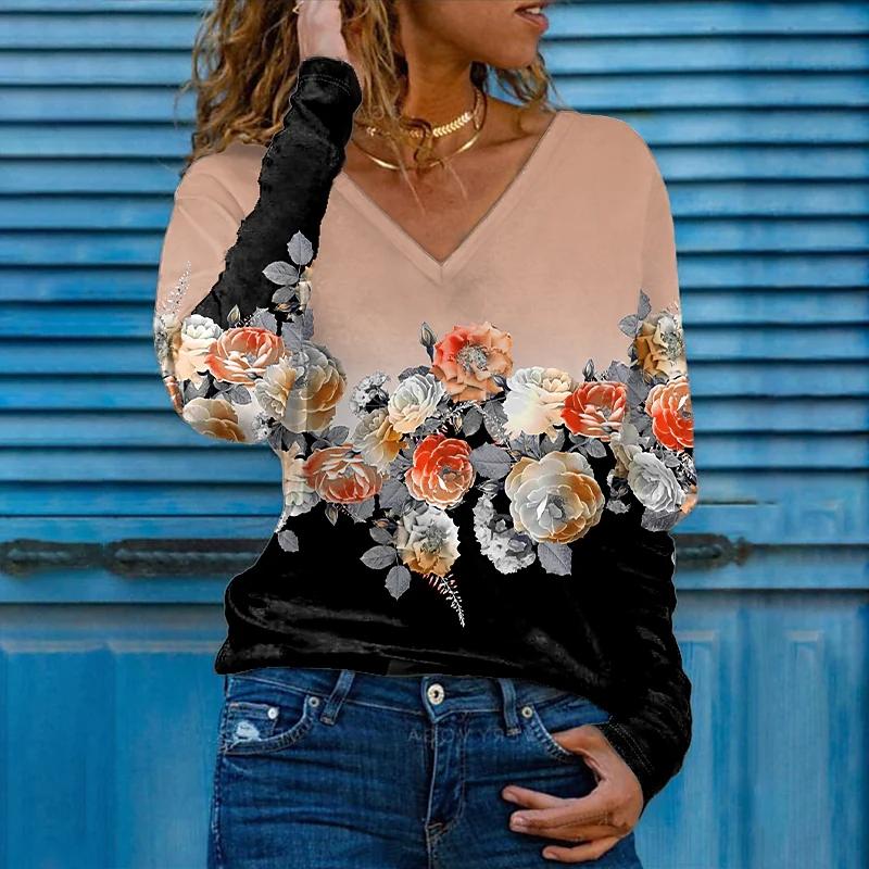 Женские футболки с 3D принтом розы, женские топы, пуловер с длинным рукавом и v-образным вырезом, женские футболки, футболка для женщин