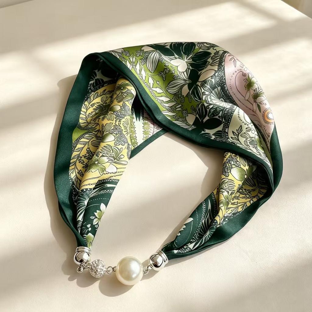 New retro pearl magnetic buckle small silk scarf women's high-end satin printed scarf summer versatile small scarf