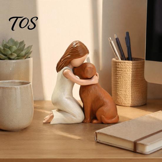 Dog Lover Gifts Girl Hugging Resin Figurine, Hand-Painted Pet Companion Sculpture, Brown Black Healing Animal Sculpture Desktop Ornament, Remembrance