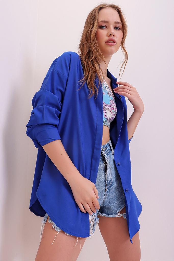 Women's Shirt New Season Fashion Steel Blue Oversize Long Woven Shirt