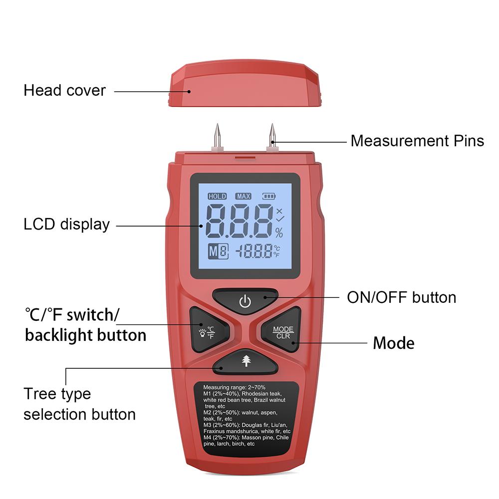 Two-Pin Digital Wood Moisture Meter High-Precision Timber Paper Humidity Tester LCD Display Bamboo Damp Detector