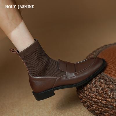 2024 Новые женские ботильоны осень-зима вязаные сращивания из натуральной кожи на квадратном каблуке женские офисные черные женские ботинки