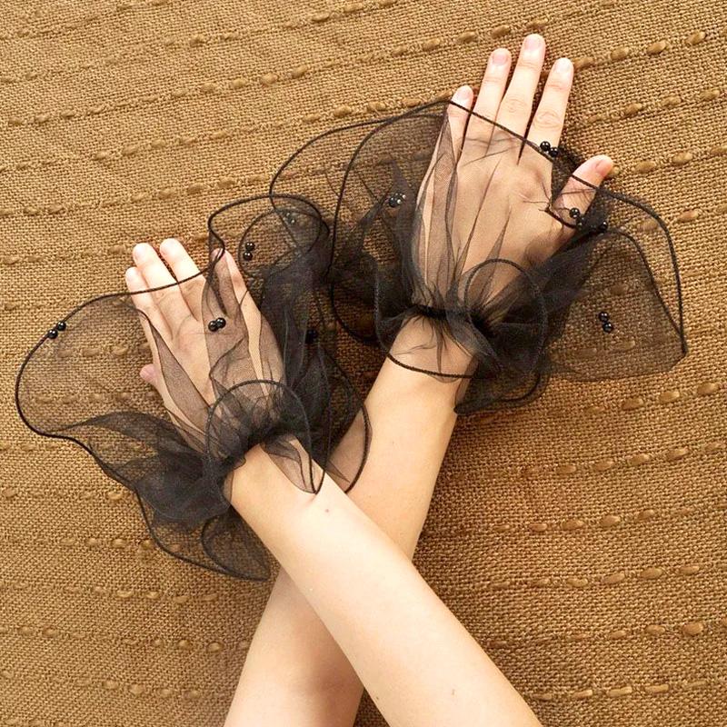 Women Party Tulle Wrist Cuffs Hand Sleeve Flared Lace Pearl Bead Mesh Wedding Fake Sleeves ARI