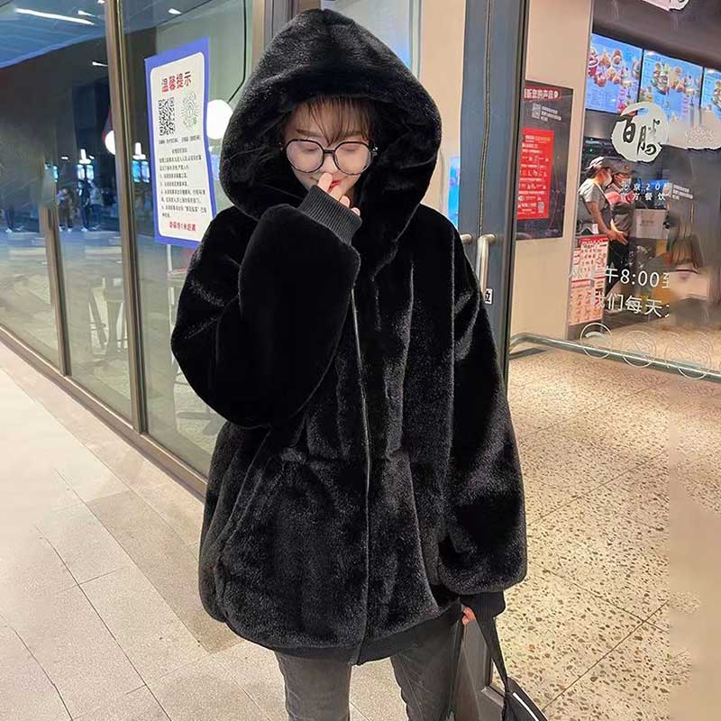 Korean Imitation Rex Rabbit Fur Coats Female Winter Warm Long Thickened Hooded Lamb Wool Cashmere Coat
