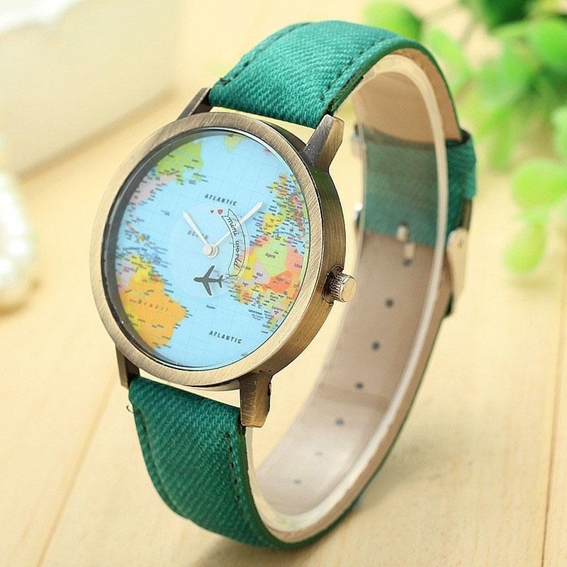 Universal Women Men World Map Globe Quartz Aeroplane Watch Denim Strap