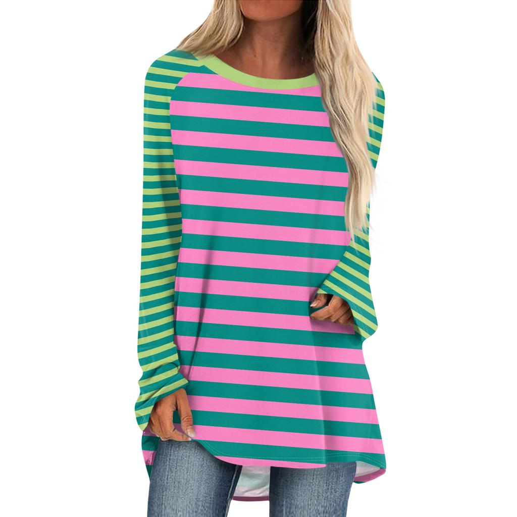 Женская мода повседневная спущенная линия плеча с длинным рукавом миди полосатый принт топ