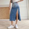 High-waisted Mid-length Denim Skirt for Women Raw Edge Gradient Blue Denim Skirt Side Slits Vintage Fashion Y2k Clothing