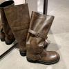 Su Yinyin Retro Cowhide Double Buckle Over-the-Knee Chunky Heel Round Toe Knight Boots for Women