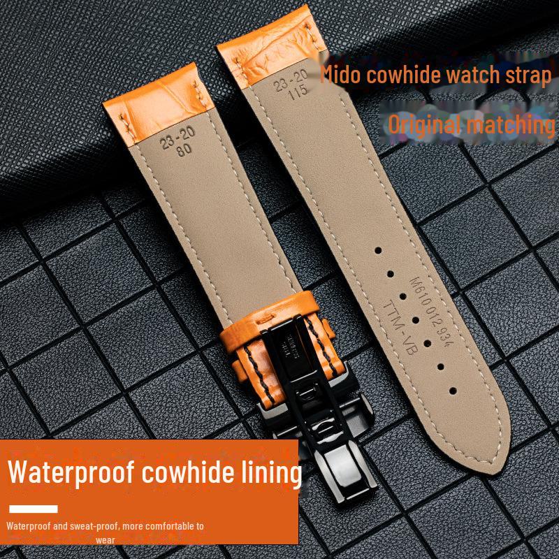 Mido Helmsman M005 Leather Strap, Black Cowhide Bracelet with Butterfly Buckle, 22-23MM