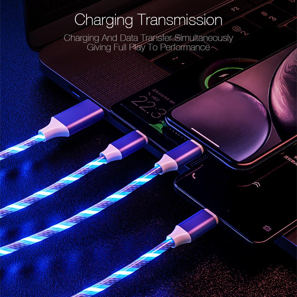1,2 м 3 в 1 USB-кабель для зарядного устройства для мобильного телефона Micro USB Type C Зарядный кабель для iPhone Зарядный светящийся светодиодный светящийся шнур для передачи данных