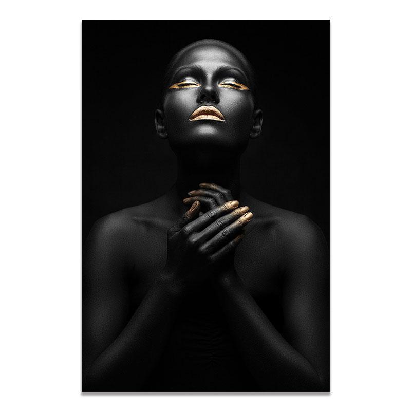 Золотая и черная современная модель макияжа, африканская женщина, холст, настенные художественные картины, модная девушка, принты плакатов для гостиной, домашний декор