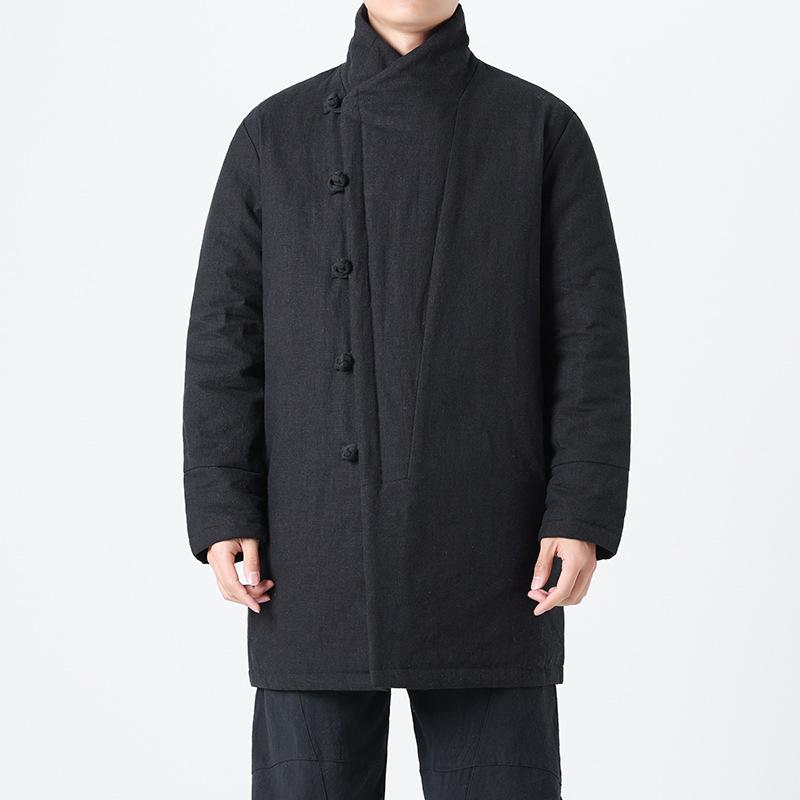 Мужская плотная хлопково-льняная куртка в китайском стиле с пуговицами-лягушками, воротником-стойкой, средней длины, большого размера, костюм Тан.