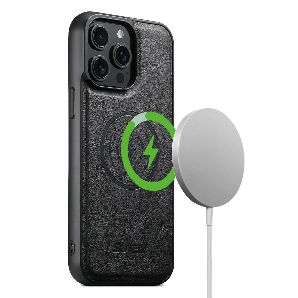 SUTENI G5 For iPhone 15 Pro Max Case Compatible with MagSafe Cowhide Texture Leather Back Cover