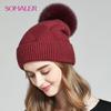 SOMALER Winter Hats For Women Natural Fur Pompom Hat Warm Wool Slouchy Beanies For Female Fashion Skullies Lady Hats