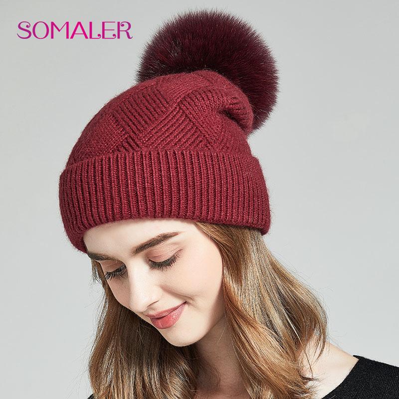 SOMALER Winter Hats For Women Natural Fur Pompom Hat Warm Wool Slouchy Beanies For Female Fashion Skullies Lady Hats