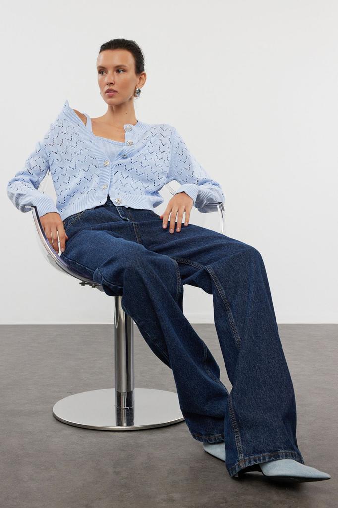 Women's Fashionable Stylish Cardigan Blue Button Detailed Openwork Perforated Blouse-Cardigan Set