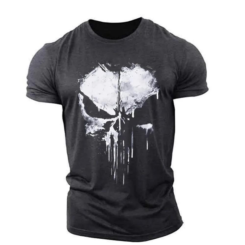 Gym T-Shirt Men Skull Print Short Sleeves Workout T-Shirt Summer Casual Tee Streetwear Men's O-neck Sweatshirt Jogging Clothing