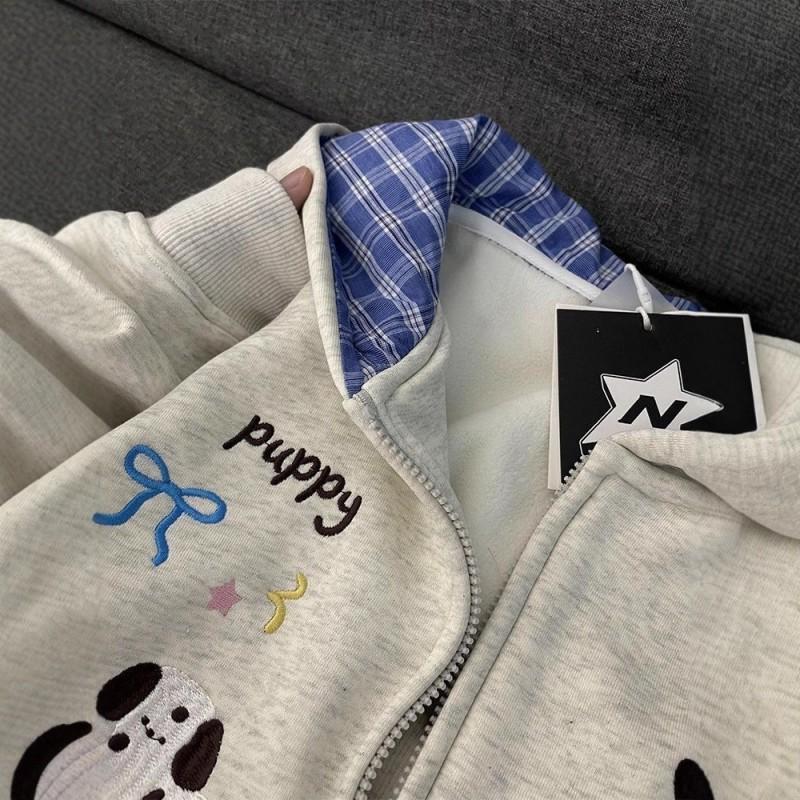 Womens Cotton Hooded Sweatshirt Embroidered Plaid Detail Zip-Up Loose Fit Casual Winter Wear