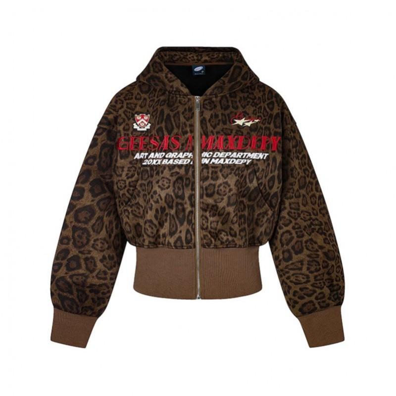 Short Hooded Zip Sweatshirt Leopard Print Retro Slim Fit Streetwear Teens