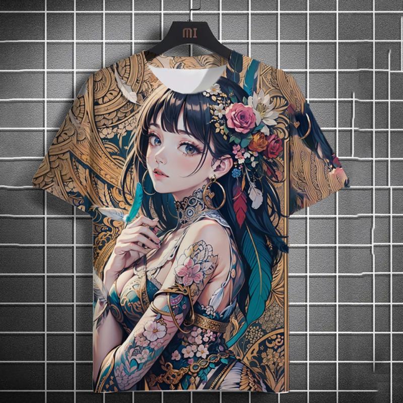 Men's T-shirt 3D Printed Anime Goddess Back Tattoo Print T-shirt Casual Loose Short Sleeved T-shirt Men's Home Clothing Top