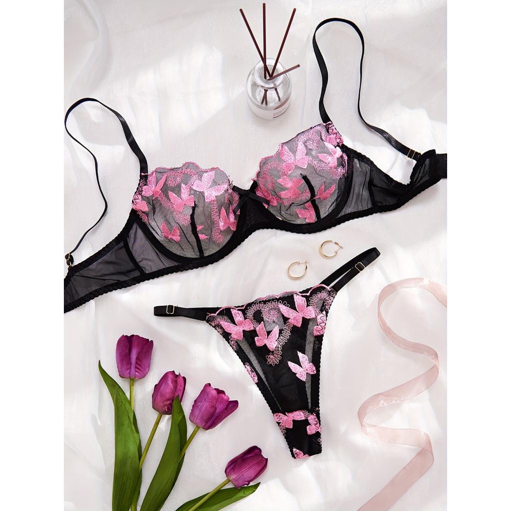 Комплект нижнего белья с вышивкой в виде банта, сетчатый бюстгальтер без подкладки и стринги, женское сексуальное нижнее белье