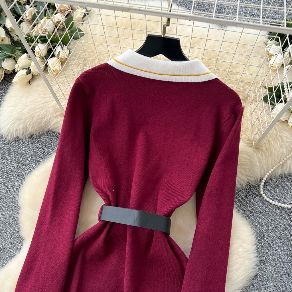 Autumn Winter Women Elegant Turn-down Collar Double Breasted Knitted Sweater Office Work Long Midi Dresses with Belt