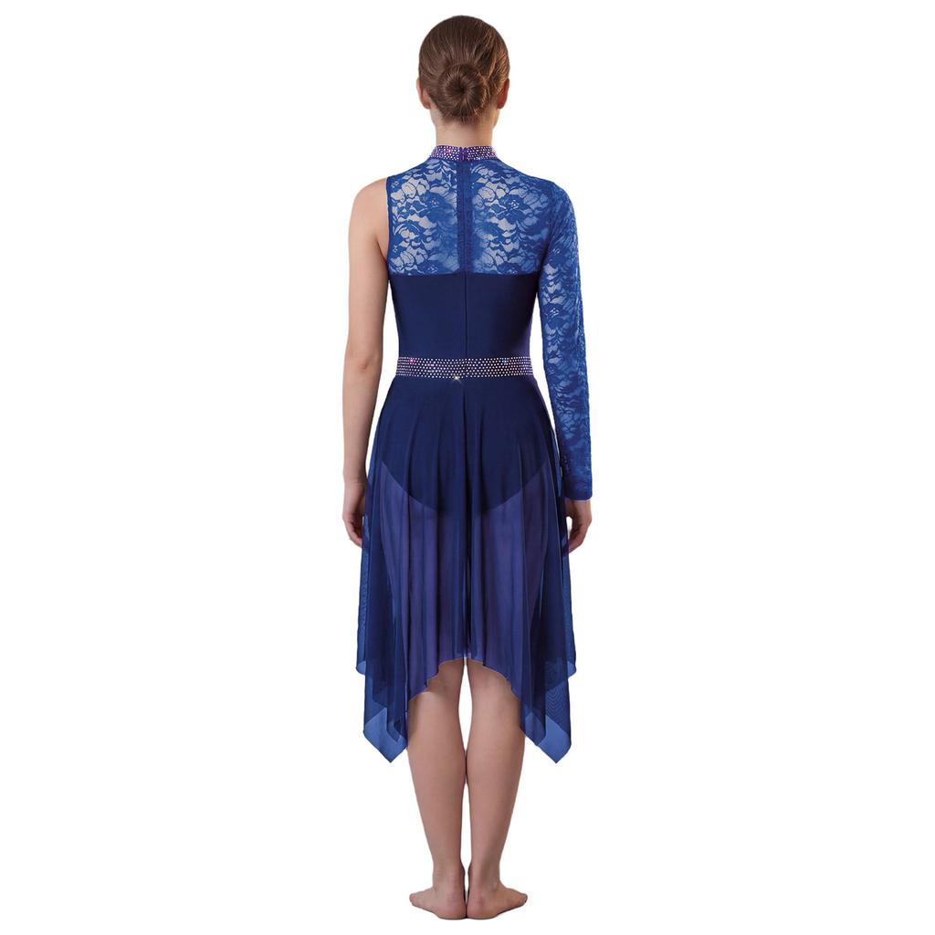 Womens Lyrical Dance Asymmetrical Bodysuit Dress Single Long Sleeve Floral Lace Irregular Hem Skirt