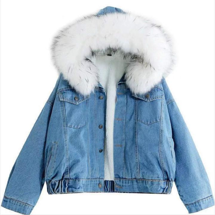 Autumn And Winter Denim Plush Jacket Women's Loose Hooded Thickened Lamb Wool Cotton Jacket