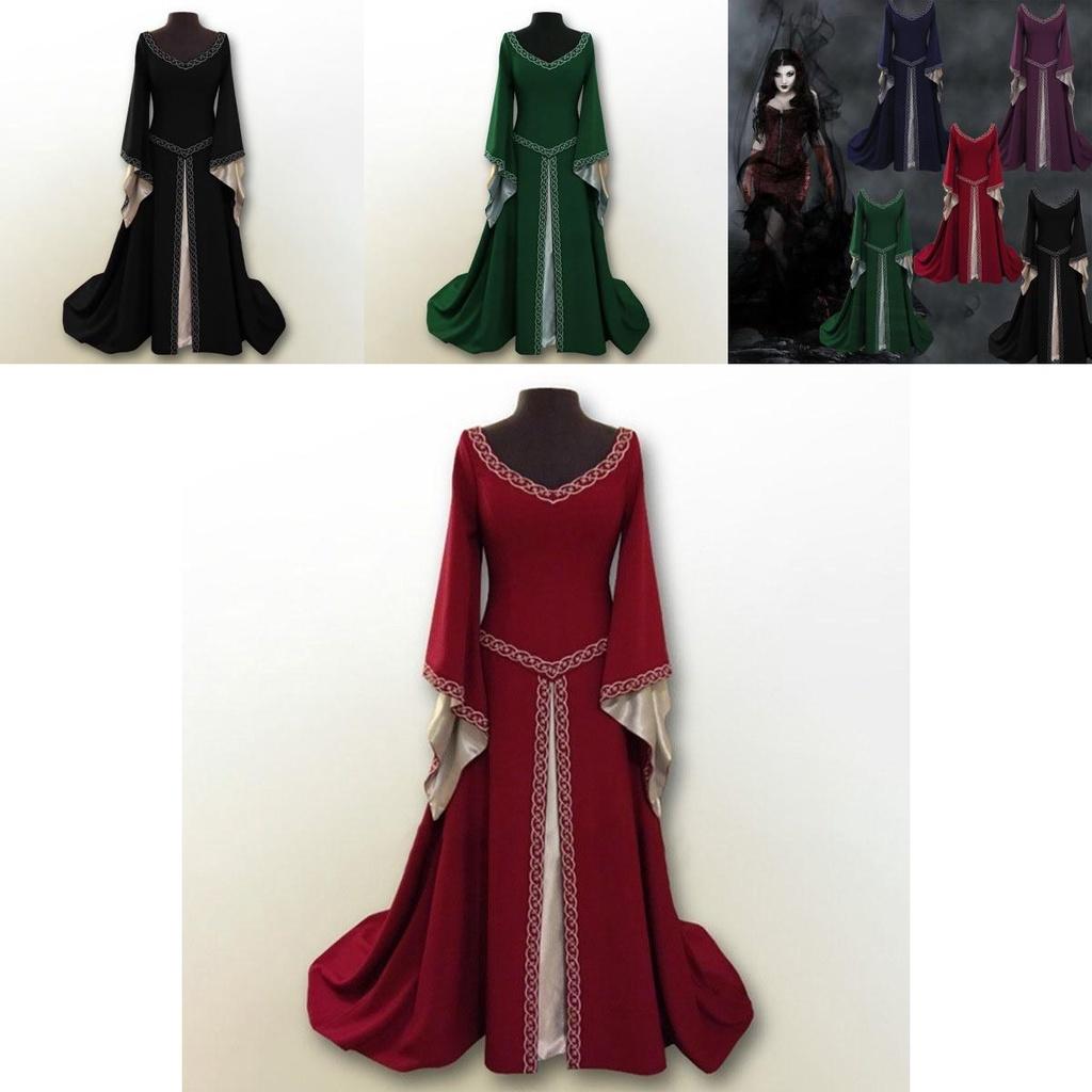 Luxurious Long Bell Sleeve Medieval Renaissance Women's Vintage Gown Dress For Cosplay