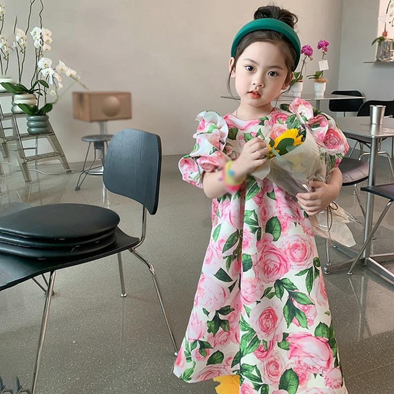 Платье для девочек с пышными рукавами и круглым вырезом, милое платье принцессы